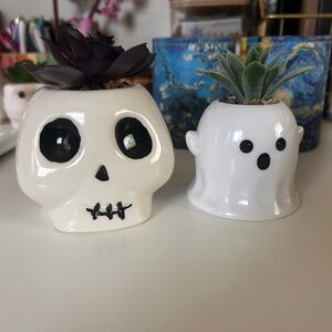 Ghost and Skull Ceramic Planter Set - White and Black